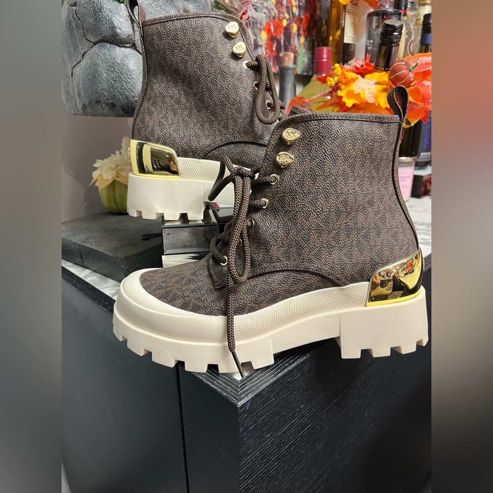 Michael Kors Brown Combat Boots with Gold Accents